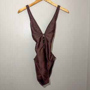 Lauren Ralph Lauren Brown Ribbed One Piece Swimsuit Cut Out Criss Cross Back 6